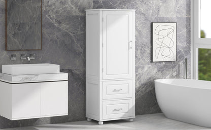 Tall bathroom storage cabinet with two drawers and adjustable shelves for independent storage