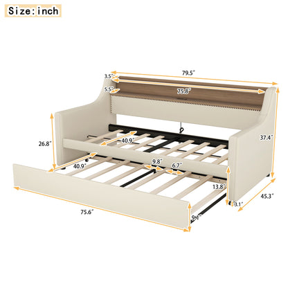 Twin Size Daybed with Trundle, Upholstered Daybed with Charging Station and LED Lights, Beige