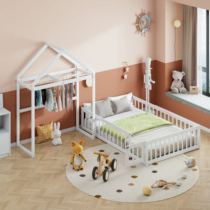 Wooden Full Size Children's Bed with Detachable Headboard and Integrated Clothes Drying Rack, White