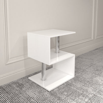 3-layer S-shaped coffee table, high gloss side table with open storage rack and USB power supply, white LED coffee table