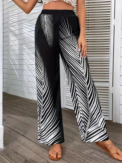 Fashionable and elegant striped leaf positioning printed wide leg pants for women