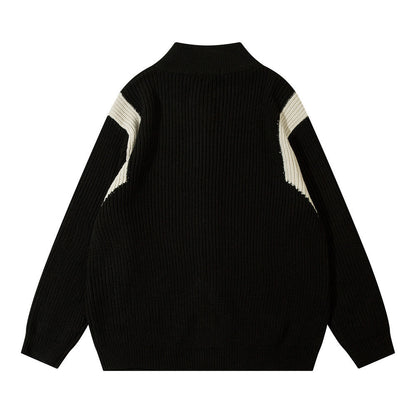 Color Block Zipper Cardigan Sweater Men's Autumn Street Style Stand Collar Long Sleeve Loose Knitwear