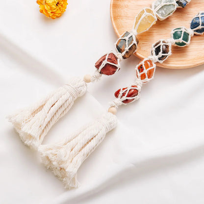 Natural Crystal Seven Color Gemstone White Rope Mesh Bag Hand woven Car Hanging Polishing Gemstone Jewelry Pendant