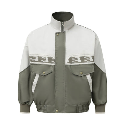 European And American Color Contrast Patchwork Workwear Stand-up Collar Jacket