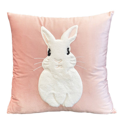 Soft Rabbit Pillow Cover Sofa Cushion Velvet Embroidered Pillow Girl's Heart Pink Cartoon Pillow Cover Cute