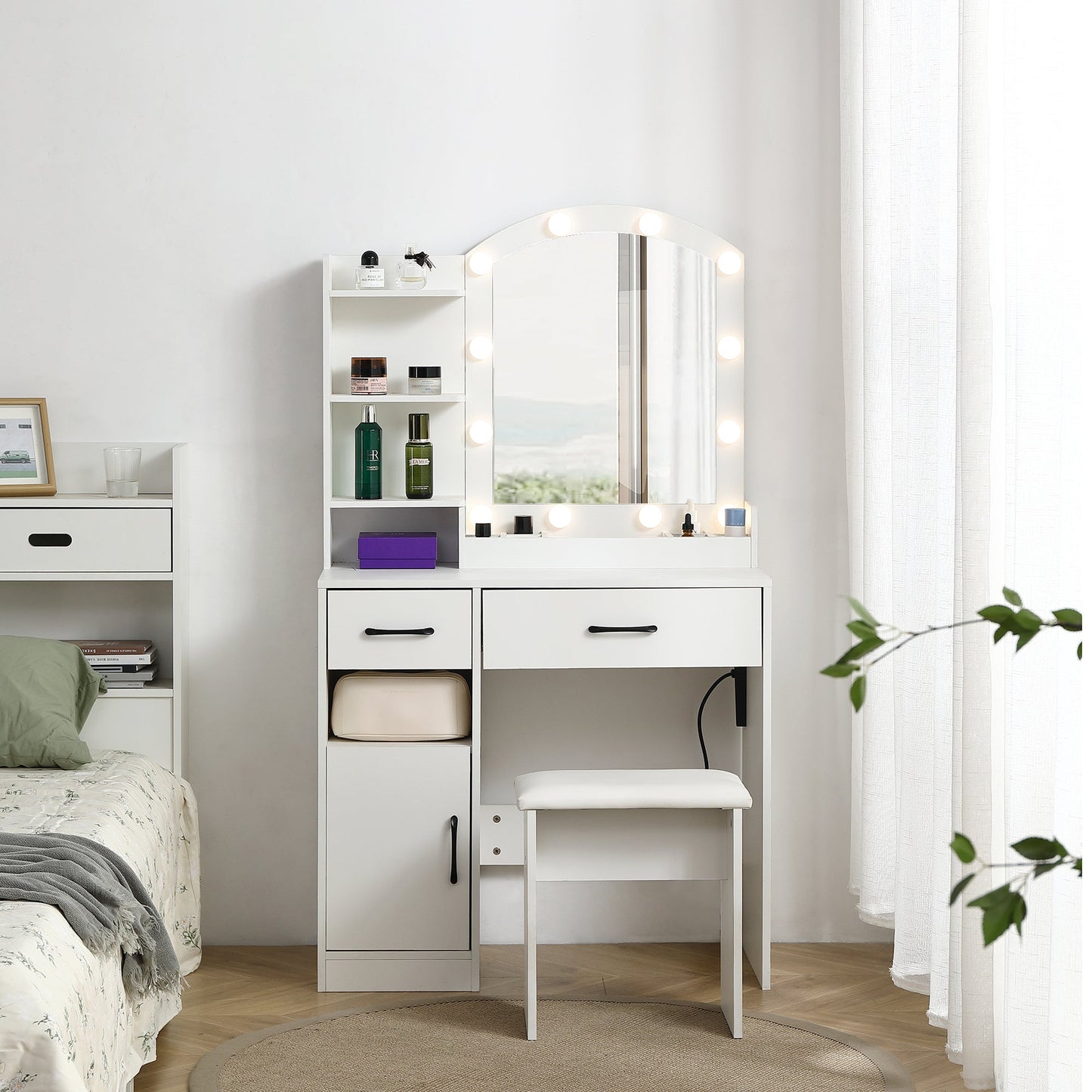 Vanity desk set including table with large lighted mirror 3 color lighting modes adjustable brightness white color