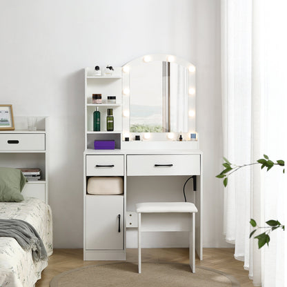 Vanity desk set including table with large lighted mirror 3 color lighting modes adjustable brightness white color