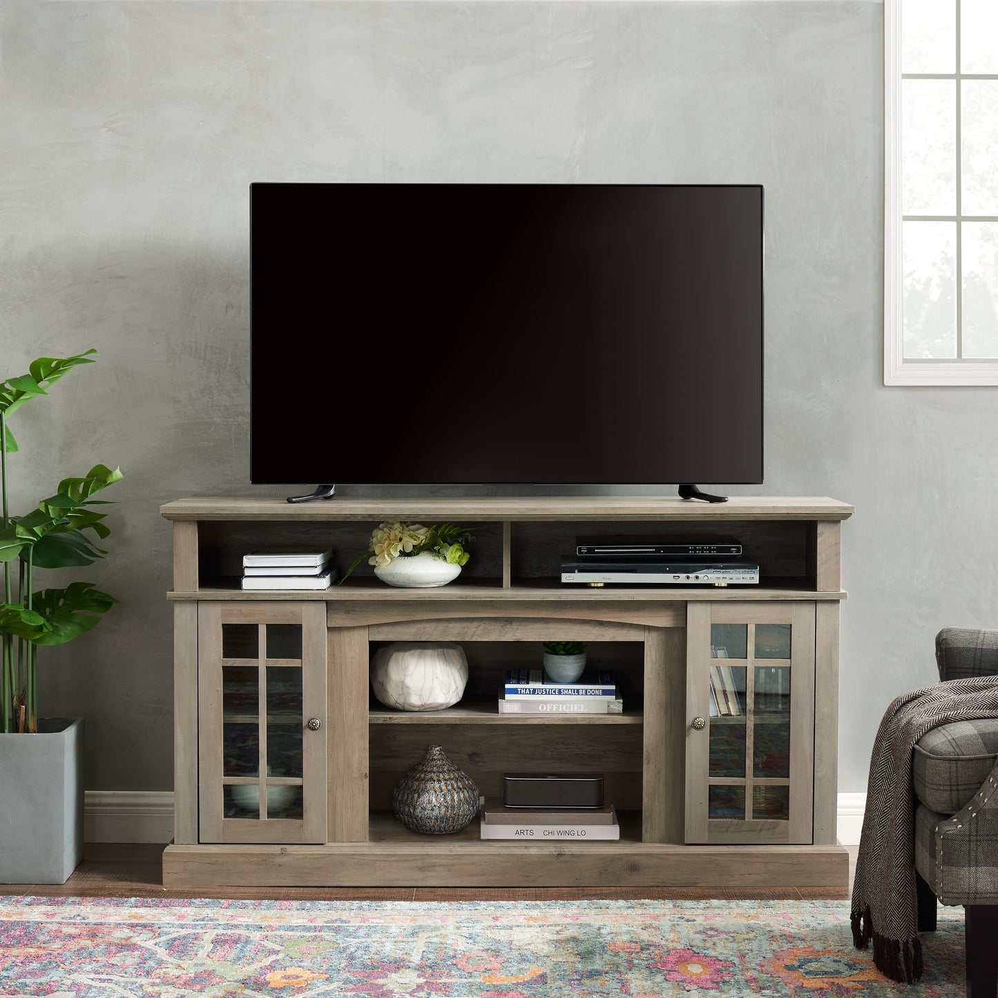 Classic TV Media Stand Modern Entertainment Console for TV Up to 65" with Open and Closed Storage Space Gray Wash