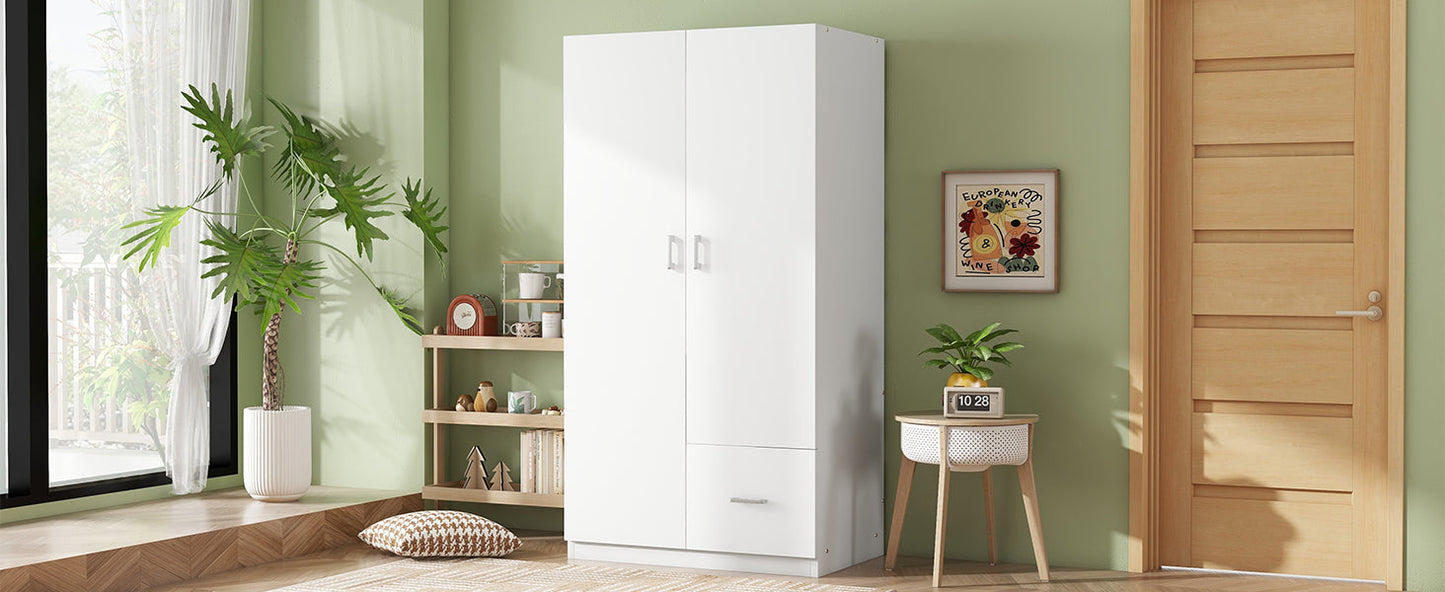 Wooden Wardrobe with Double Doors, Armoire with Hanging Rod, 5 Fixed Shelves, One Storage Drawer,White
