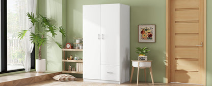 Wooden Wardrobe with Double Doors, Armoire with Hanging Rod, 5 Fixed Shelves, One Storage Drawer,White