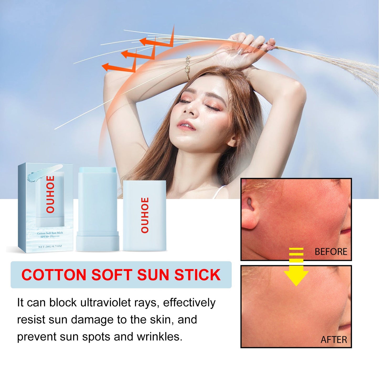 Cotton Soft Protective Rod, Summer Outdoor Resist Uv Moisturizing Refreshing Non-Sticky Comfortable Skin Feeling