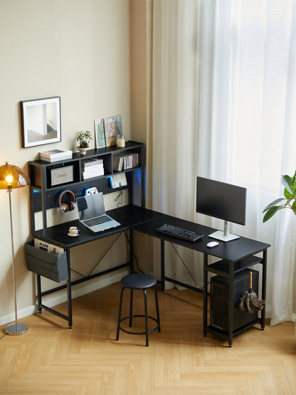 94.5 Inch Home Office Desk L shape gaming desk with LED storage Shelves METAL PANNEL and stool (BLACK)