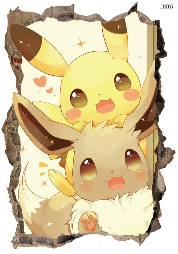 New 3D Pikachu Wall Sticker Pok é mon Wallpaper Self adhesive Cartoon Graffiti Anime Poster Children's Room PVC