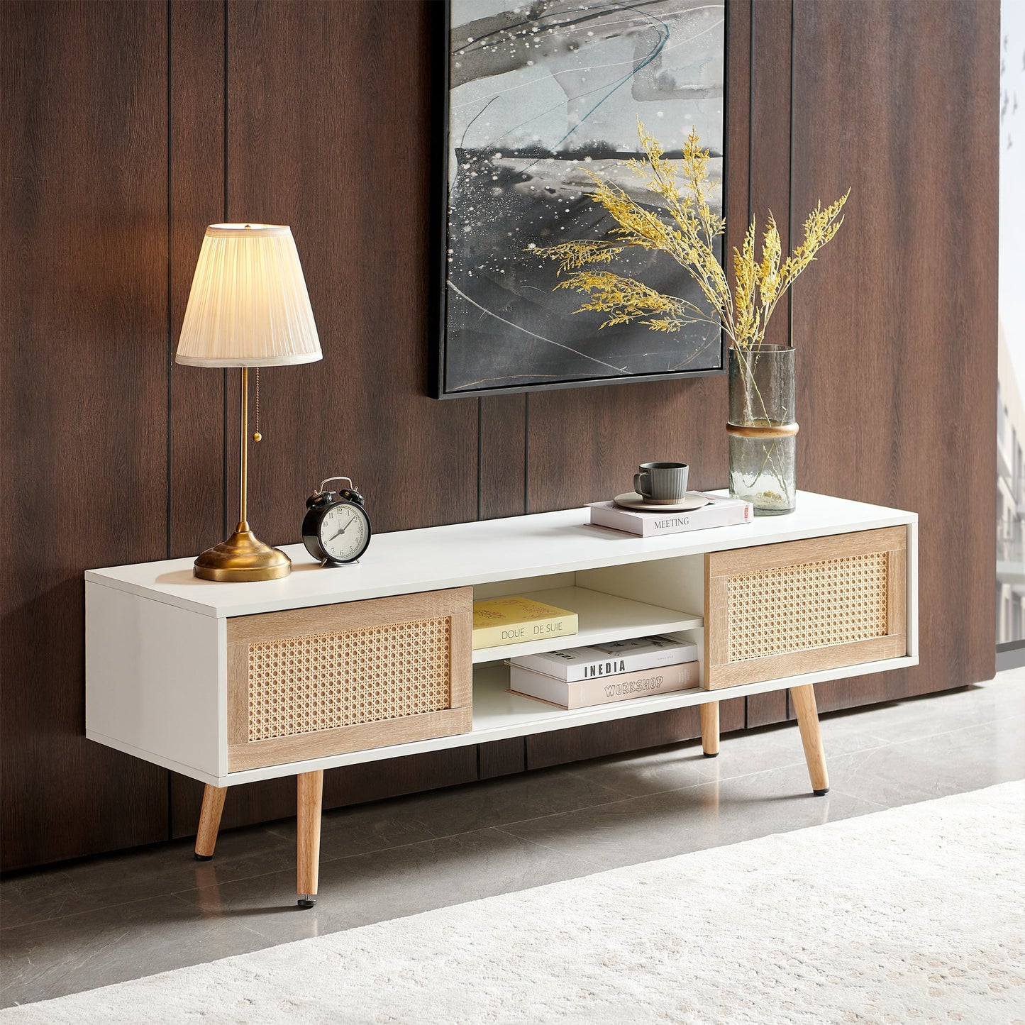 55.12" Rattan TV cabinet double sliding doors for storage adjustable shelf solid wood legs TV console for living room  White