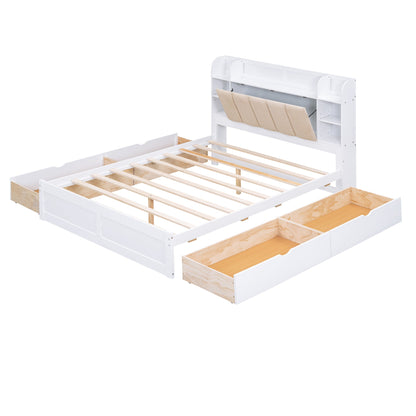 Wood Queen Size Platform Bed with Storage Headboard  Shelves and 4 Drawers  White