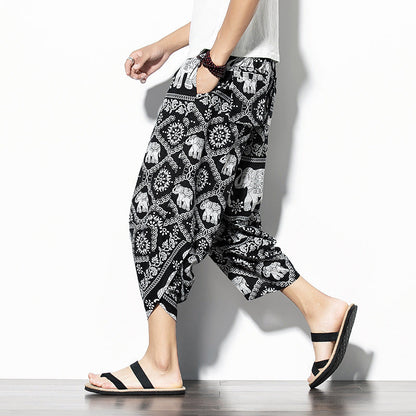 Printed Baggy Cotton Linen Cropped Pants