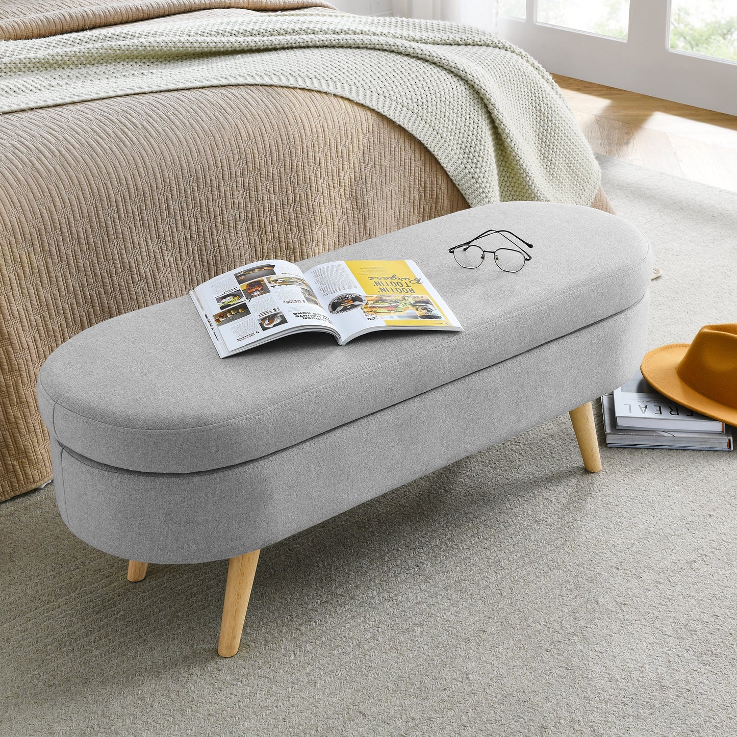 Ottoman Oval Storage Bench Rubber Wood Legs Grey(43.5"x16"x16")