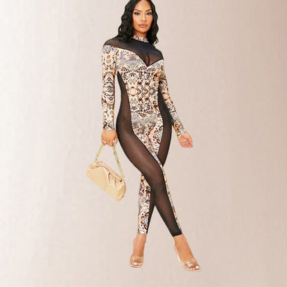 Women's Long Sleeve Spliced Jumpsuit Print Sheer Mesh Slimming Jumpsuit