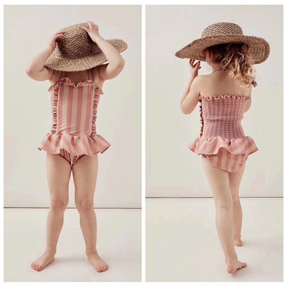 Girls' Striped Lace Swimsuit
