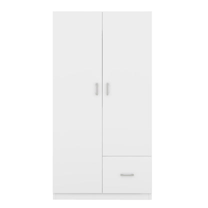 Wooden Wardrobe with Double Doors, Armoire with Hanging Rod, 5 Fixed Shelves, One Storage Drawer,White