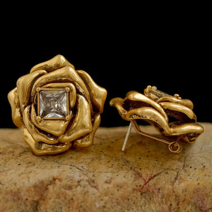 Brass Gold Color Metal Rose Flower Stud Earrings Geometry Zircon Shiny for Women Girls Jewelry Gifts Europe and America