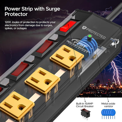 CRST 8-Outlet Wide Metal Surge Protector Power Strip - Individual Switches, 1200J, Wall Mount, 6ft Cord