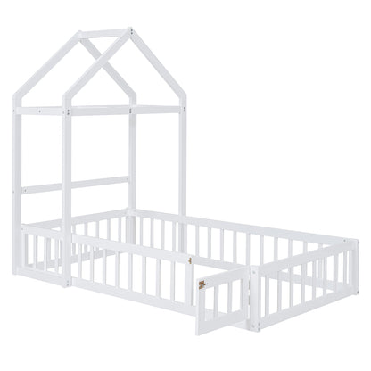 Wooden Twin Size Children's Bed with Detachable Headboard and Integrated Clothes Drying Rack, White
