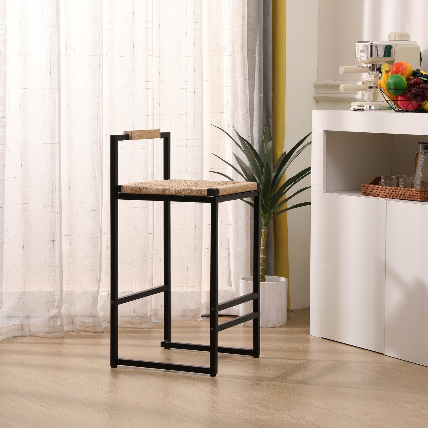 Set of 2 Bar Stools with Back Paper Rope Woven Counter Height Dining Chairs for Kitchen Home (Paper Rope with Back)