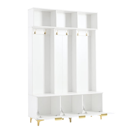 Large storage hall tree with bench, multifunctional storage platform, luxury clothes hanger equipped with 6 gold hooks