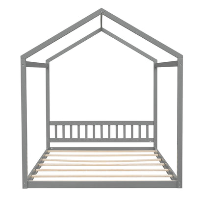 Queen Size Wooden House Bed with Headboard Gray