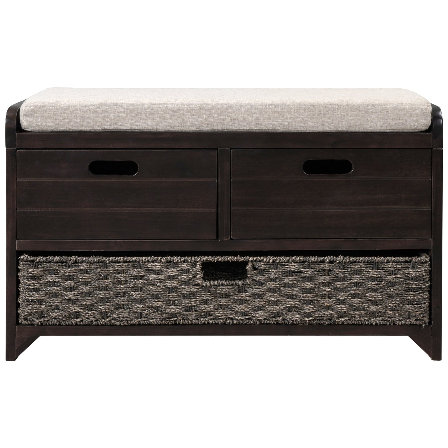 TREXM Storage Bench with Removable Basket and 2 Drawers, Fully Assembled Shoe Bench with Removable Cushion (Espresso)