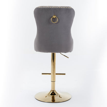 Thick gold rotating velvet bar stool with adjustable seat height of 25-33 inches and backrest (gray, set of 2 pieces)