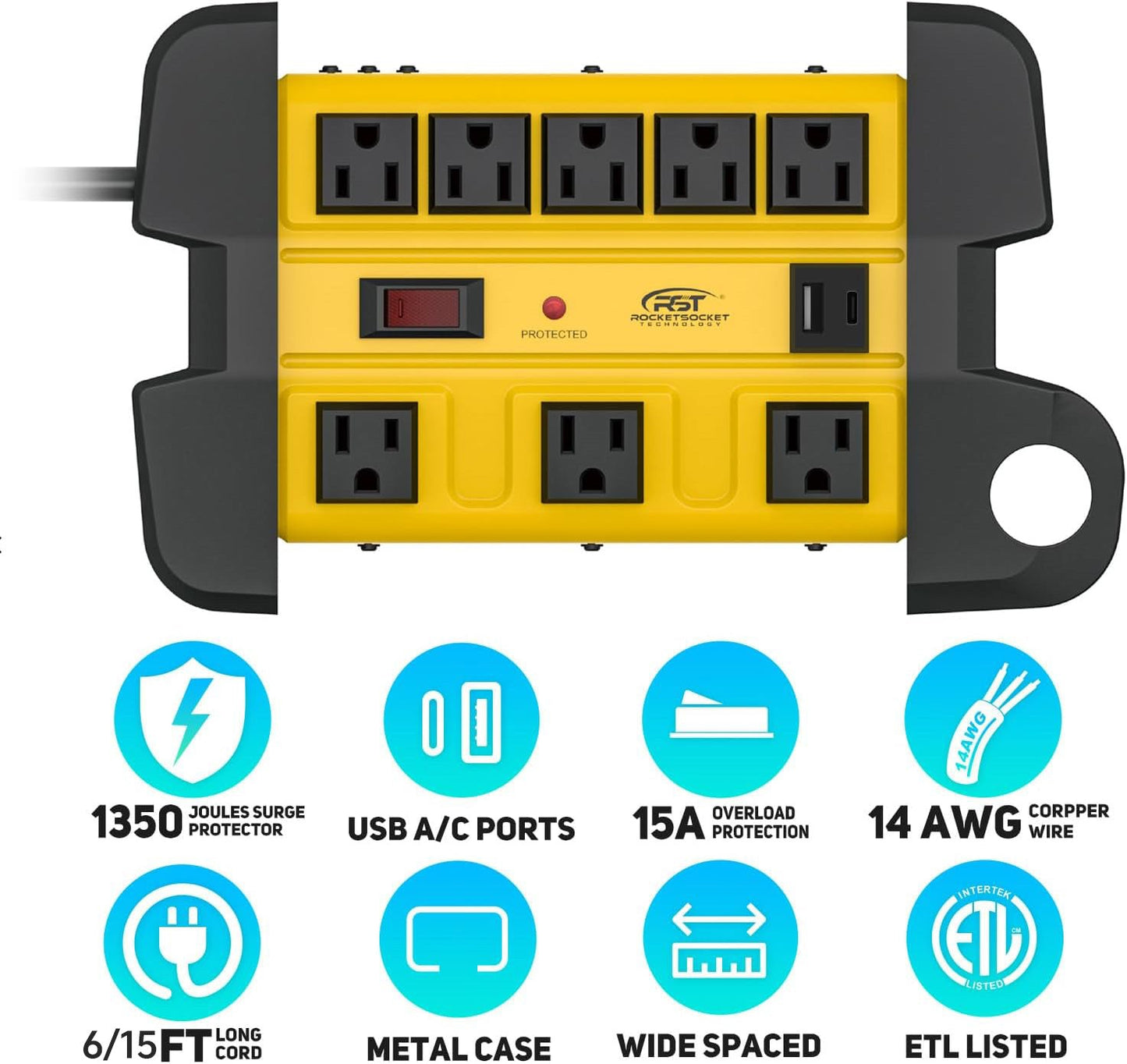 CRST 8-Outlet Heavy Duty Metal Power Strip | USB-C, 1350J Surge, ETL Listed
