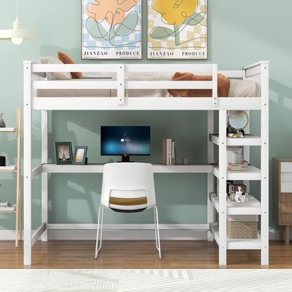 Full Size Loft Bed with Storage Shelves and Under-bed Desk  White