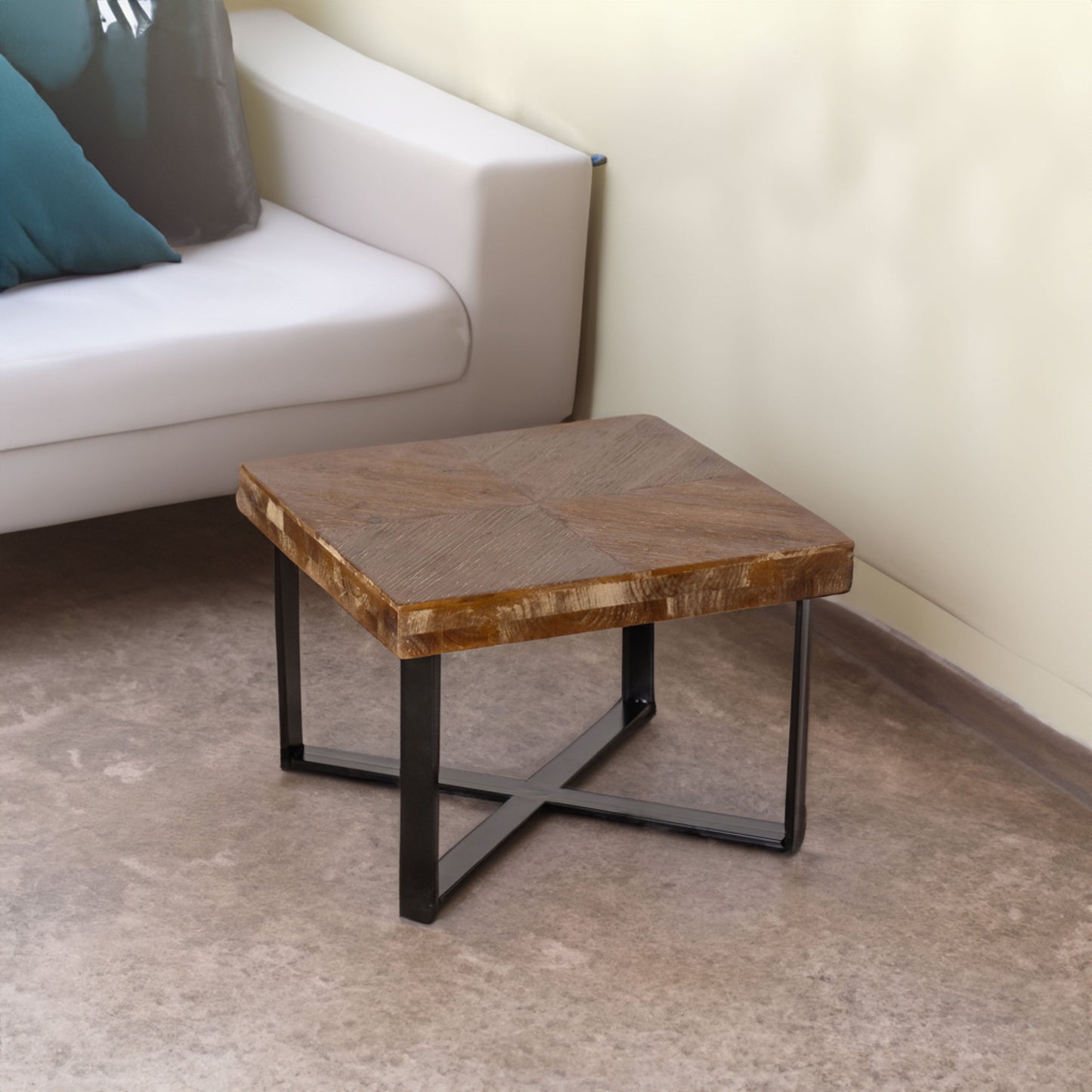 31.3"Modern Retro Splicing Square Coffee Table  Fir Wood Table Top with Cross Legs Metal Base (Set of 2 pcs )