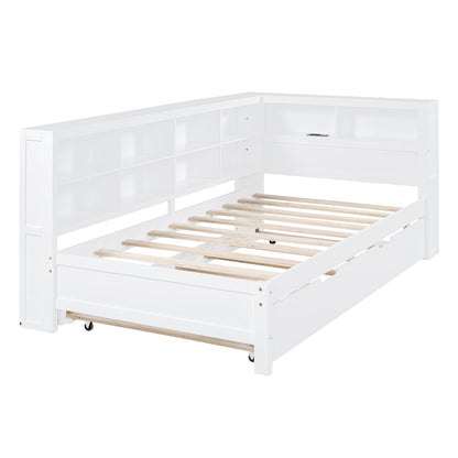 Wooden Twin Size DayBed with Twin Trundle, DayBed with Storage Shelf and USB Charging Ports,White