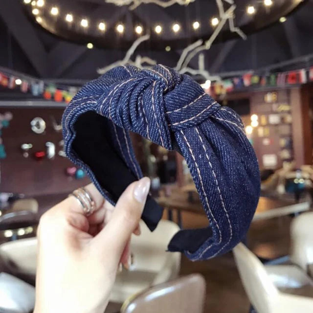 New Fashion Denim Hairband Wide Side Headband Center Knot Headwear Soft Turban Hair Accessories