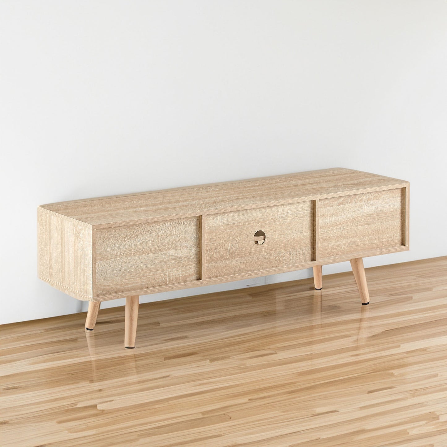 55.12" Rattan TV cabinet double sliding doors for storage adjustable shelf solid wood legs TV console for living room natural