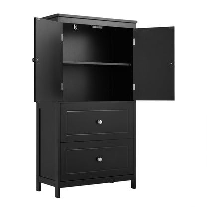 Bathroom Storage Cabinet, Cabinet with Two Doors and Drawers, Adjustable Shelf, MDF Board, Black