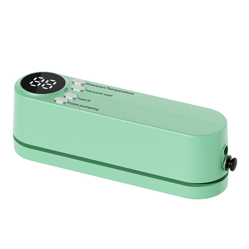 Beige cordless 3 - in - 1 food sealer. For dry/moist food, 4 bags. Seals chip bags, inflates items.