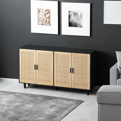 62.20"Elegant and Functional 4-Door Rattan Decorative Storage Cabinet,for Bedroom,Living Room,Office,Easy Assembly,Black