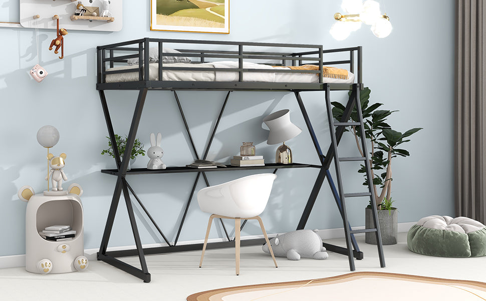 Twin Size Loft Bed with Desk Ladder and Full-Length Guardrails  X-Shaped Frame Black