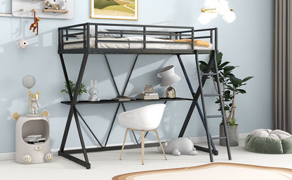 Twin Size Loft Bed with Desk Ladder and Full-Length Guardrails  X-Shaped Frame Black