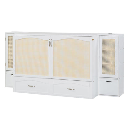 Large Murphy bed wall mounted bed with drawers, 2 storage cabinets, 1 set of sockets and USB ports, white