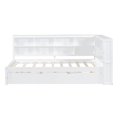 Wooden Twin Size DayBed with Twin Trundle, DayBed with Storage Shelf and USB Charging Ports,White