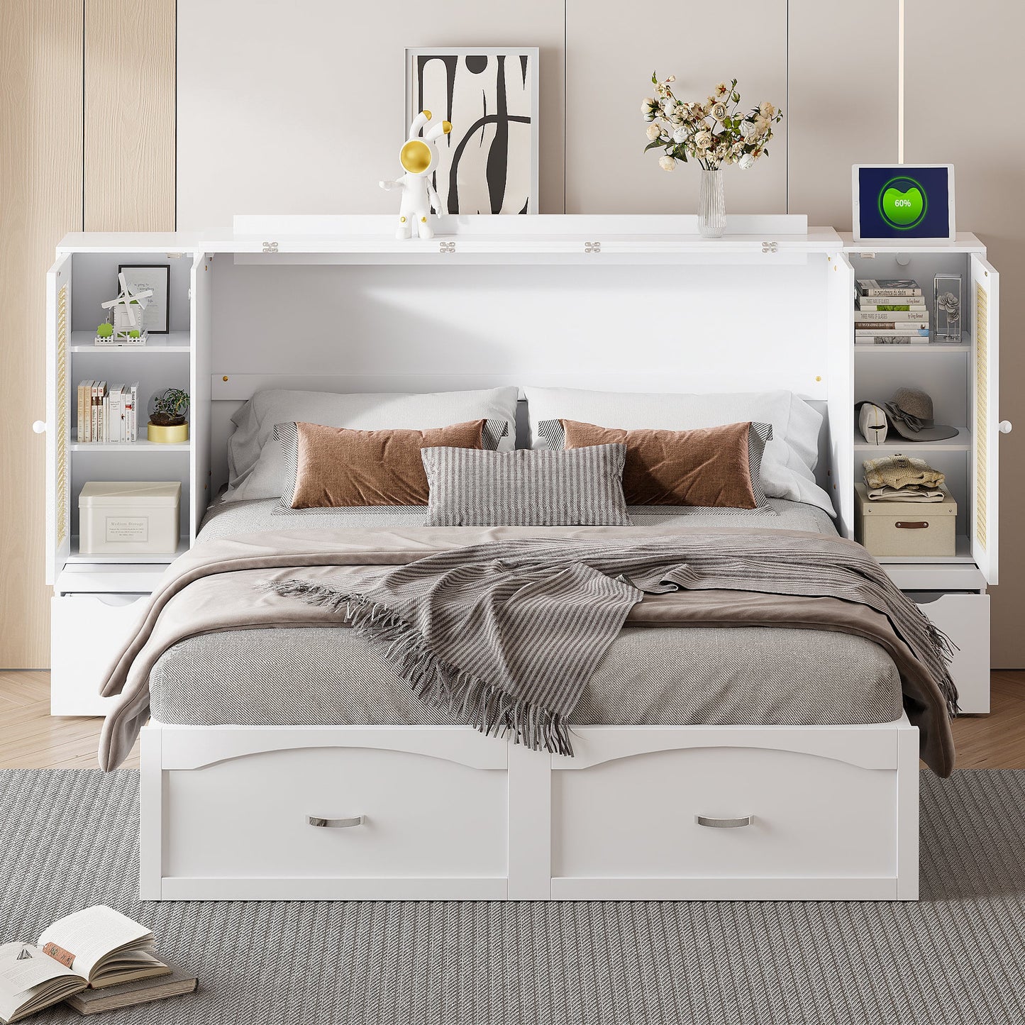 Large Murphy bed wall mounted bed with drawers, 2 storage cabinets, 1 set of sockets and USB ports, white