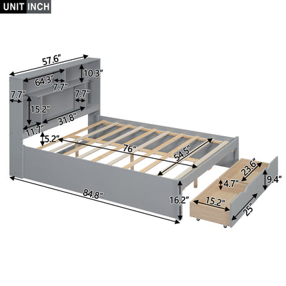 Full Size Platform Bed with Storage Headboard and 2 Drawers, Gray