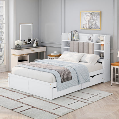 Multi-functional Full Size Bed Frame with 4 Under-bed Portable Storage Drawers and Multi-tier Bedside Storage Shelves White