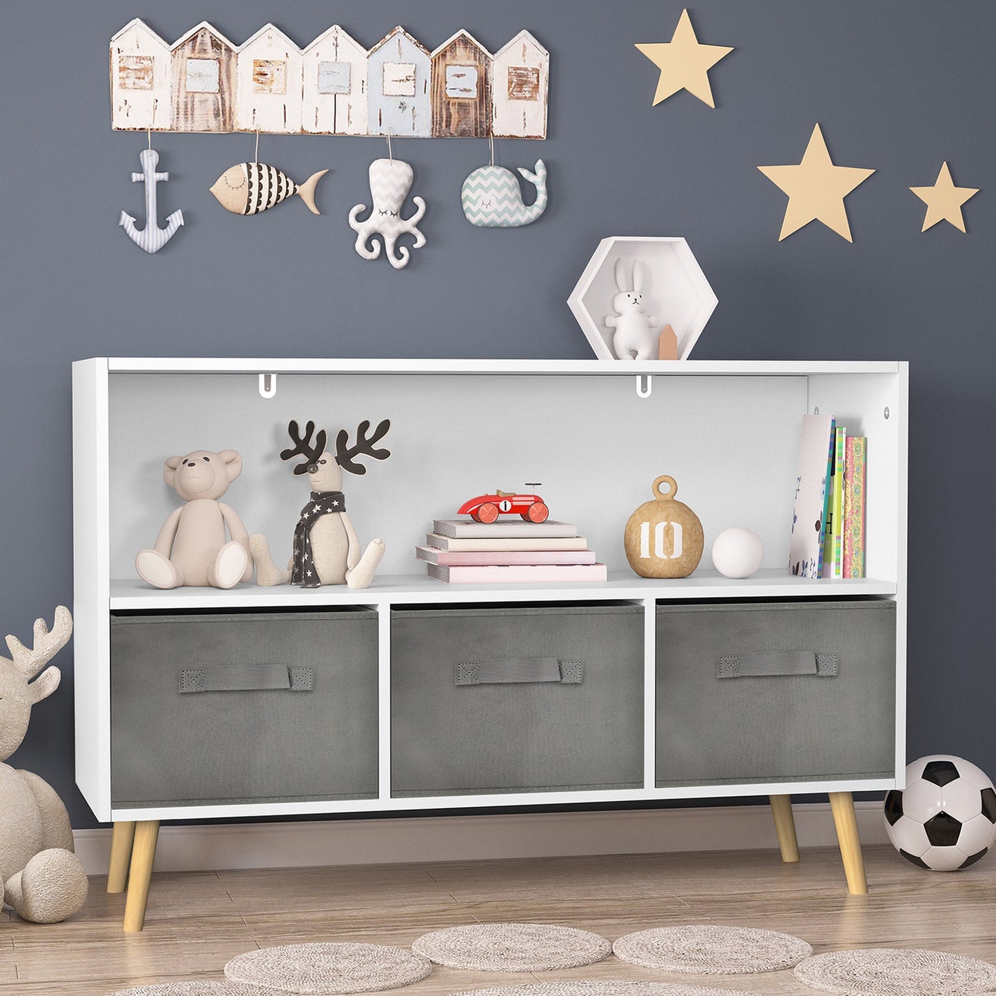 Kids bookcase with Collapsible Fabric Drawers Children's Book Display Toy Storage Cabinet Organizer White/Gray