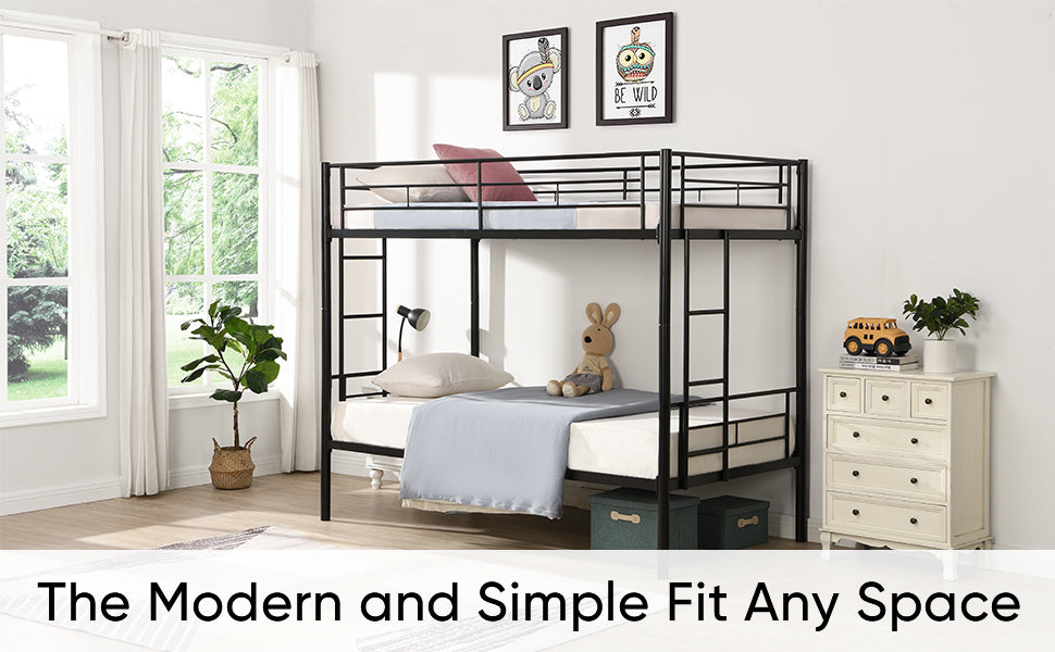 Double decker bed, size above twin bed, with 2 ladders and full-length guardrail, metal, storage space, black